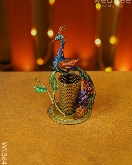 Hand Painted Peacock Pen Stand - WL3641 - Metal Decor Utility