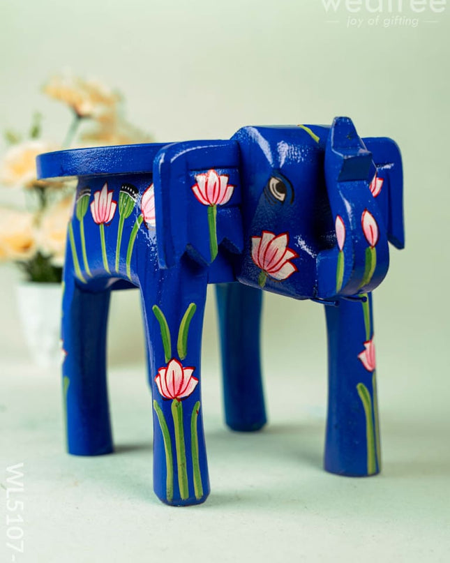 Hand Painted Pichwai Elephant Stool - Small - Blue - WL5107-1 Elephant Stool