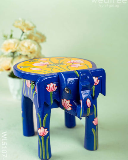 Hand Painted Pichwai Elephant Stool - Small - Blue - WL5107-1 Elephant Stool