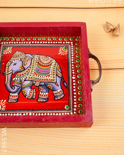 Hand Painted Tray with Handle - Elephant - WL5967-2 - Wooden Trays