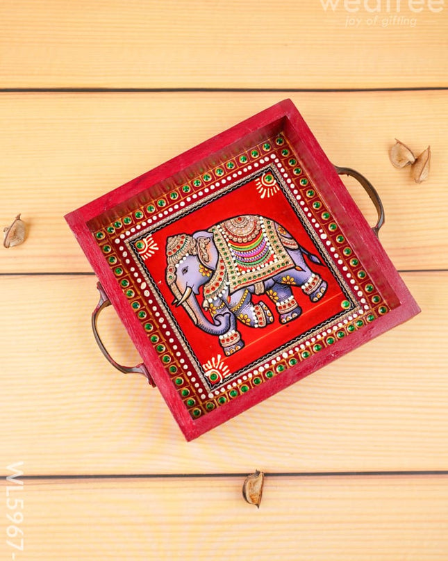 Hand Painted Tray with Handle - Elephant - WL5967-2 - Wooden Trays