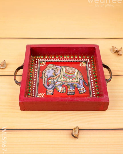 Hand Painted Tray with Handle - Elephant - WL5967-2 - Wooden Trays