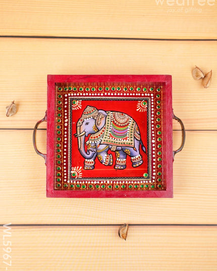 Hand Painted Tray with Handle - Elephant - WL5967-2 - Wooden Trays