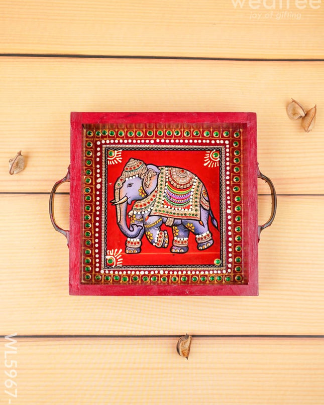 Hand Painted Tray with Handle - Elephant - WL5967-2 - Wooden Trays