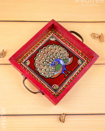Hand Painted Tray with Handle - Peacock - WL5967-1 - Wooden Trays
