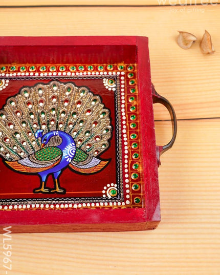 Hand Painted Tray with Handle - Peacock - WL5967-1 - Wooden Trays