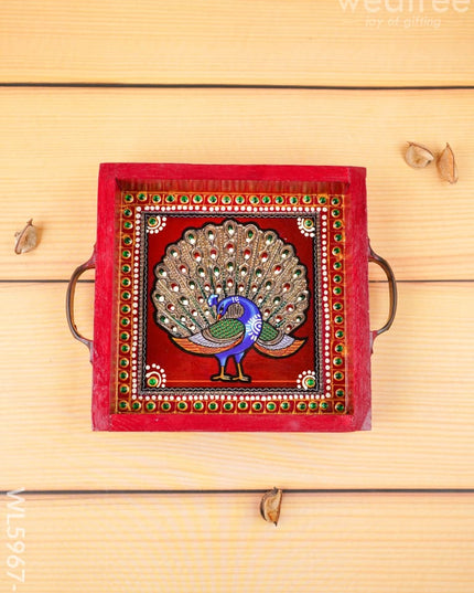 Hand Painted Tray with Handle - Peacock - WL5967-1 - Wooden Trays