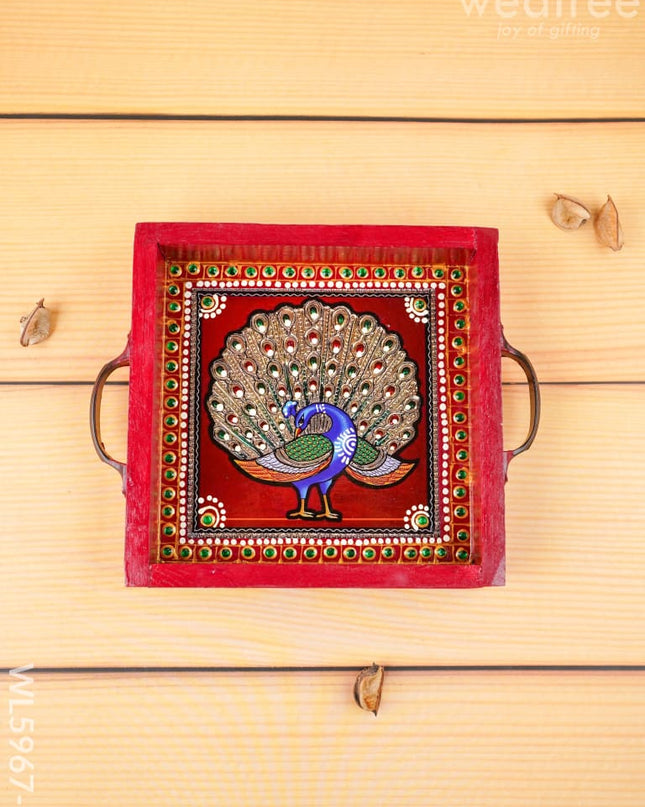 Hand Painted Tray with Handle - Peacock - WL5967-1 - Wooden Trays