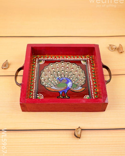 Hand Painted Tray with Handle - Peacock - WL5967-1 - Wooden Trays