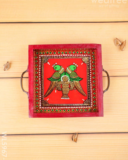 Hand Painted Tray with Handle - Twin Parrot - WL5967-3 - Wooden Trays