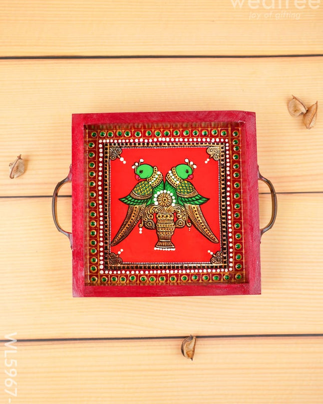 Hand Painted Tray with Handle - Twin Parrot - WL5967-3 - Wooden Trays