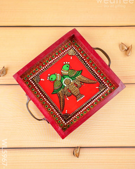 Hand Painted Tray with Handle - Twin Parrot - WL5967-3 - Wooden Trays