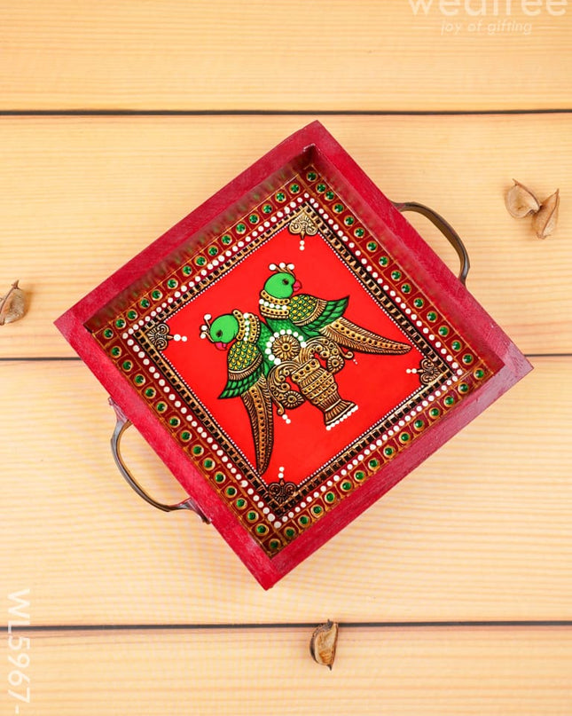 Hand Painted Tray with Handle - Twin Parrot - WL5967-3 - Wooden Trays