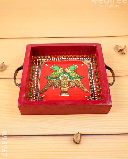 Hand Painted Tray with Handle - Twin Parrot - WL5967-3 - Wooden Trays