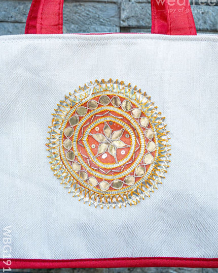 Handbag with Jute and Raw Silk Fabric - 12 x 9 inch - WBG1917 - Hand Bags