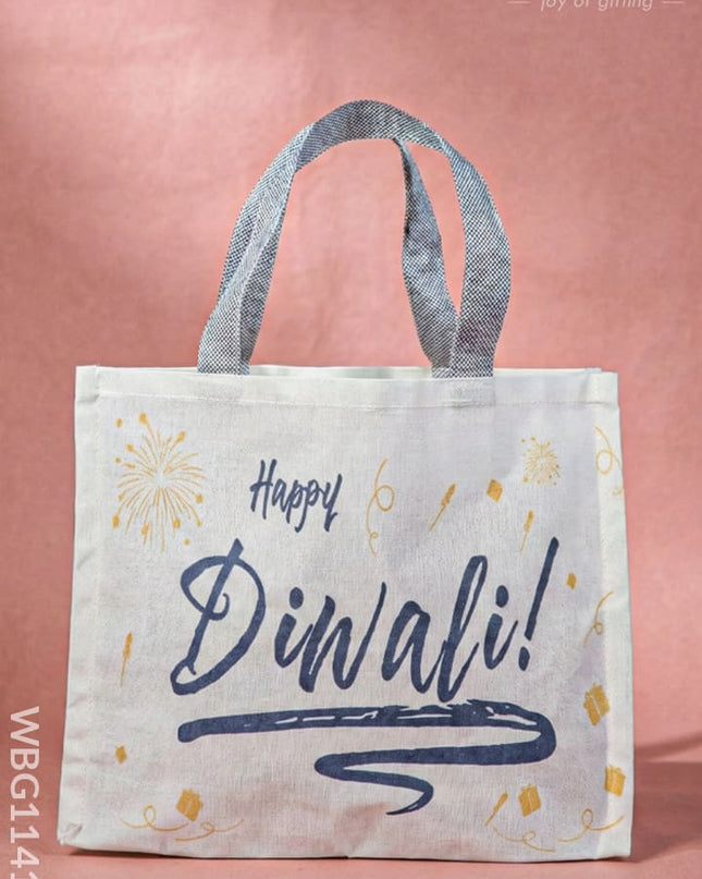 Happy Diwali Printed Cotton Bag with Colour Handle - WBG1141-2 - Cloth Bags