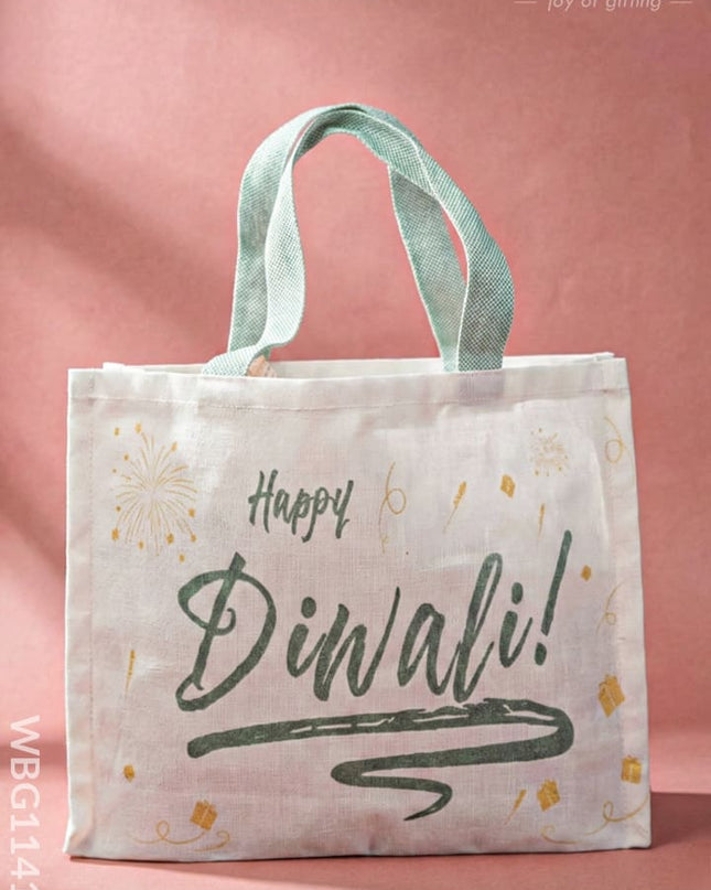 Happy Diwali Printed Cotton Bag with Colour Handle - WBG1141-2 - Cloth Bags