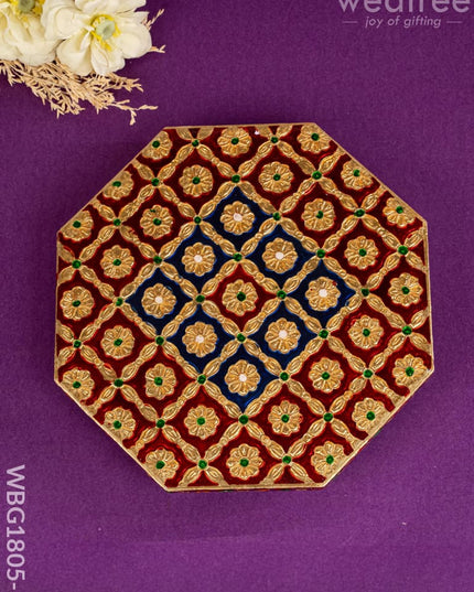 Hexagon Shaped Meenakari Manai - Red & Blue - 8x8 inch - WBG1805-3 - Manai RG