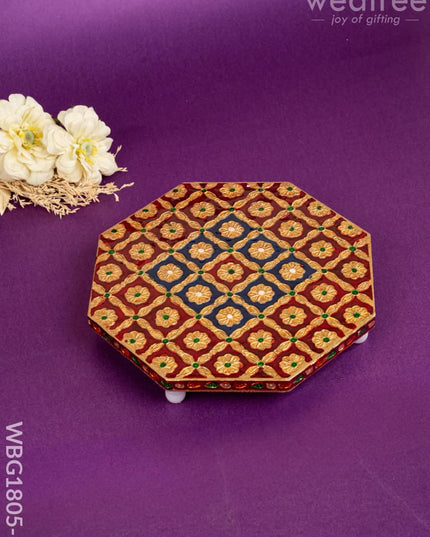 Hexagon Shaped Meenakari Manai - Red & Blue - 8x8 inch - WBG1805-3 - Manai RG