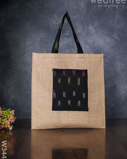 Ikkat Jute Bag With Front Pocket - W3443 Bags