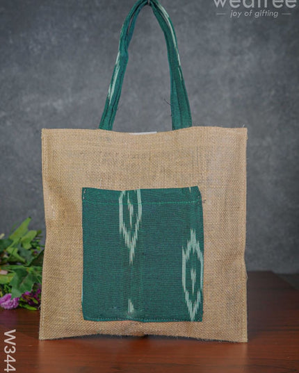 Ikkat Jute Bag With Front Pocket - W3443 Bags