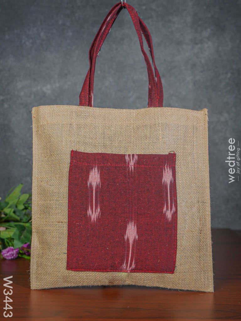 Ikkat Jute Bag With Front Pocket - W3443 Bags