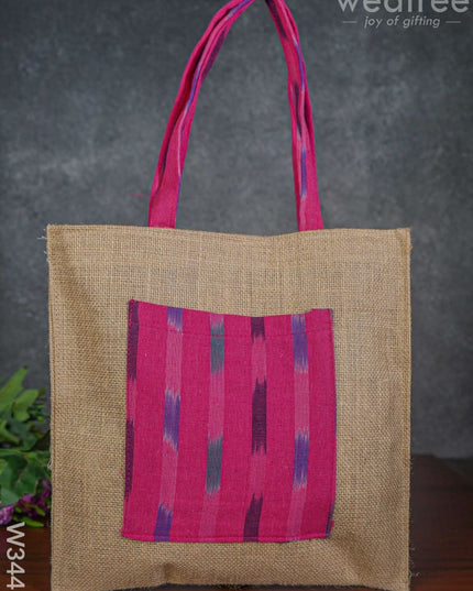 Ikkat Jute Bag With Front Pocket - W3443 Bags