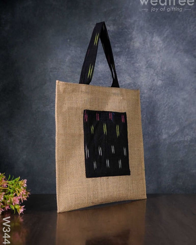 Ikkat Jute Bag With Front Pocket - W3443 Bags