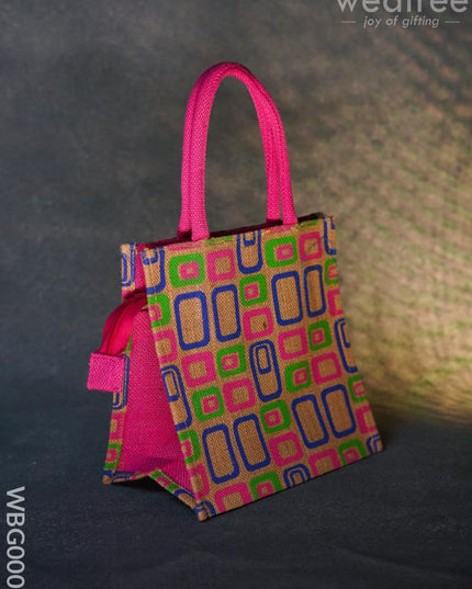 Jute Bag - 3 Colour Box (Small) With Coloured Handle And Zipper Wbg0005 Bags