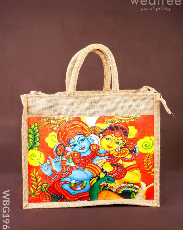 Jute Bag - Radhakrishna Print - 14x12 inch - WBG1961 - Jute Bags