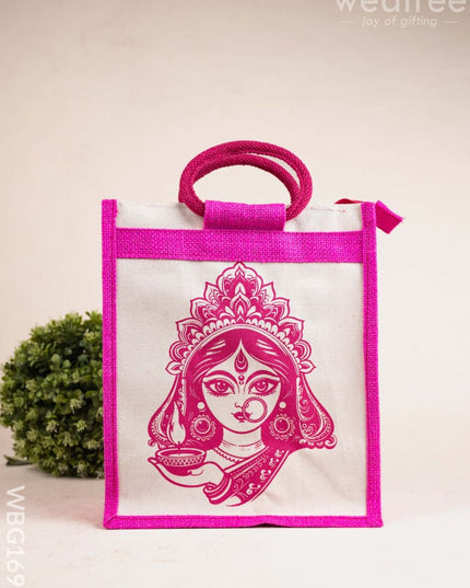 Jute Bag with Durga Face Print - WBG1693 Jute Bags