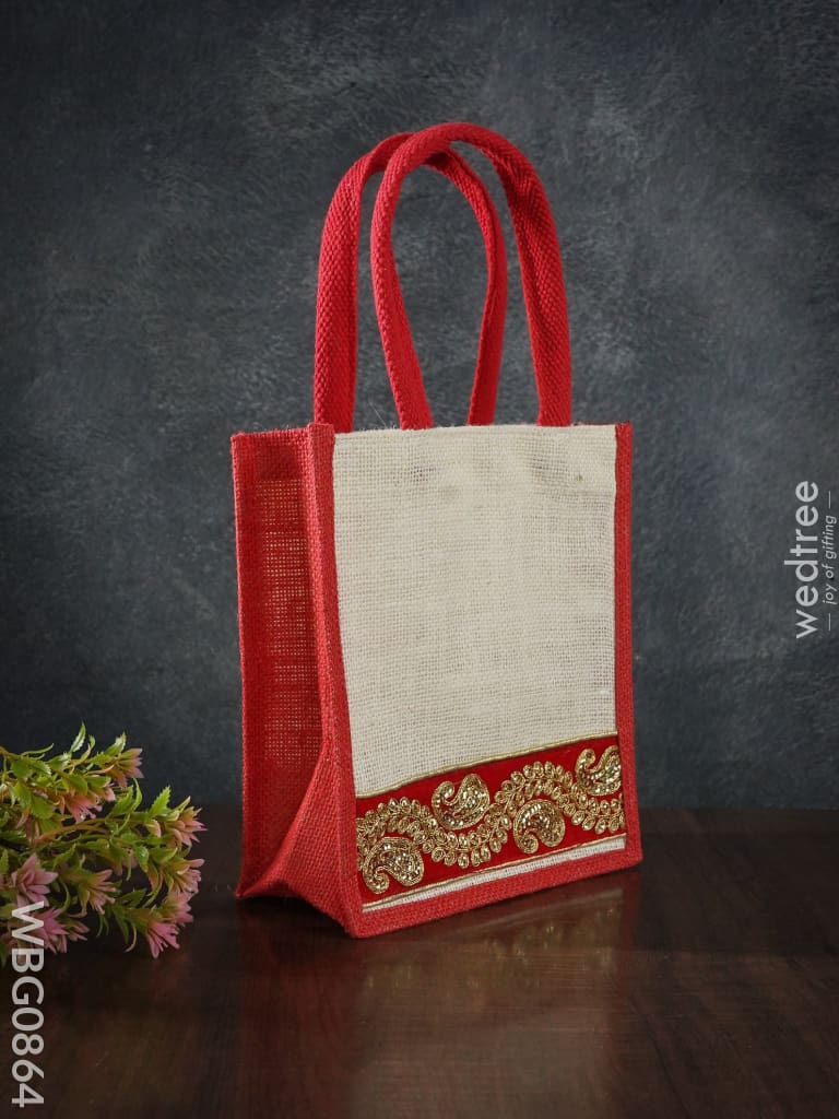 Jute Bag With Golden Embroidery - 9 Inch Wbg0864 Bags