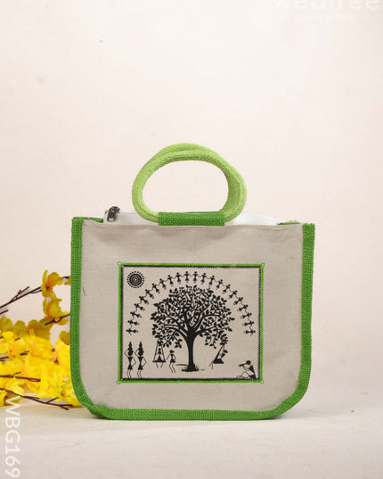 Jute Bag with Kalpavriksha Tree Print - WBG1691 - Jute Bags
