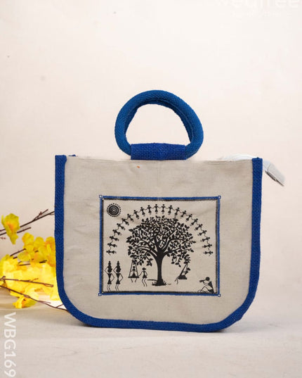 Jute Bag with Kalpavriksha Tree Print - WBG1691 - Jute Bags