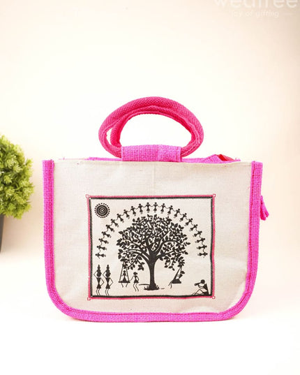Jute Bag with Kalpavriksha Tree Print - WBG1691 - Jute Bags