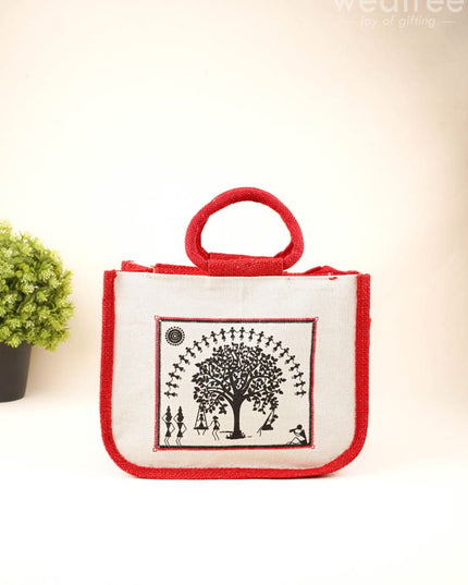 Jute Bag with Kalpavriksha Tree Print - WBG1691 - Jute Bags