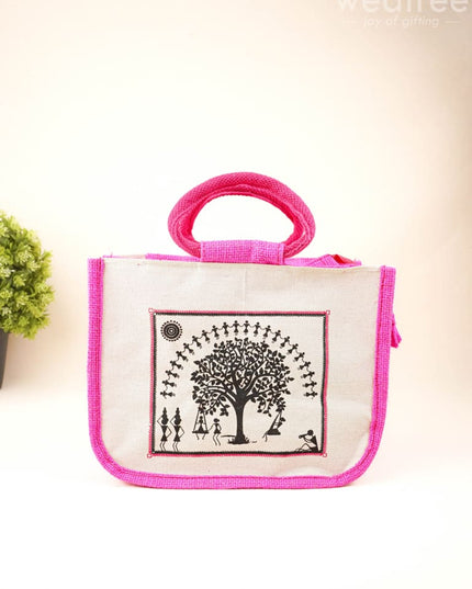 Jute Bag with Kalpavriksha Tree Print - WBG1691 - Jute Bags