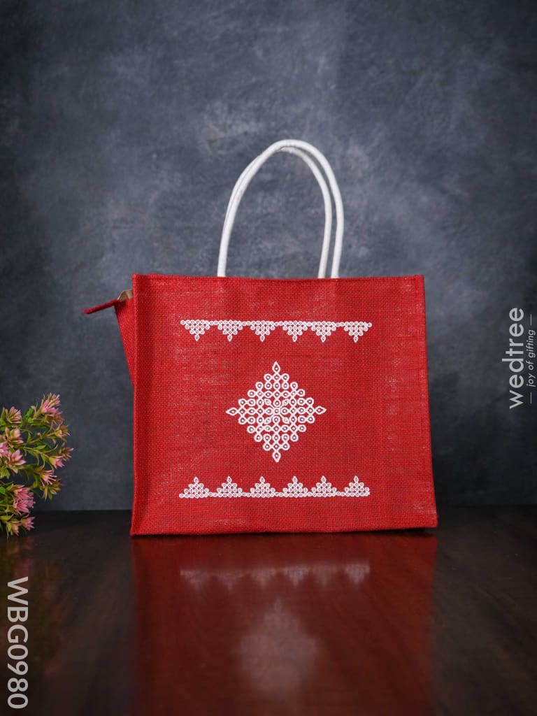 Jute Bag With Rangoli Print - Wbg0980 Bags
