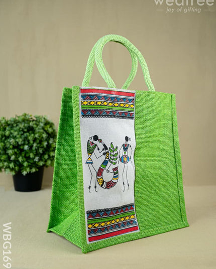 Jute Bag with Warli Print - WBG1692 - Jute Bags