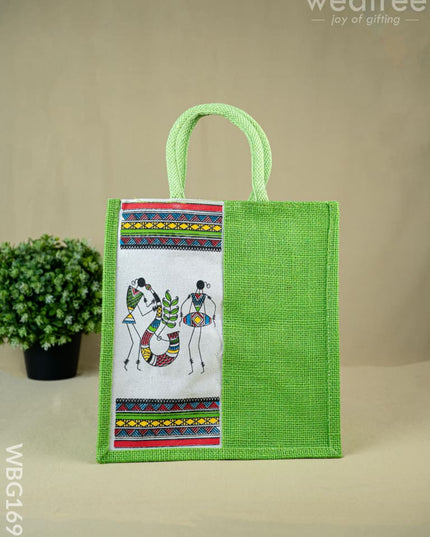 Jute Bag with Warli Print - WBG1692 - Jute Bags