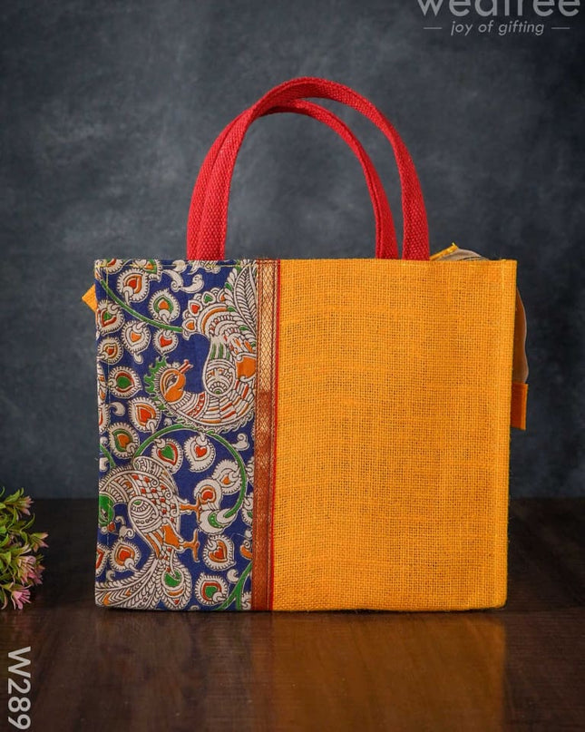 Jute Bag With Zari Lace & Kalamkari Fabric - W2897 Bags