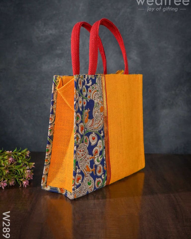 Jute Bag With Zari Lace & Kalamkari Fabric - W2897 Bags
