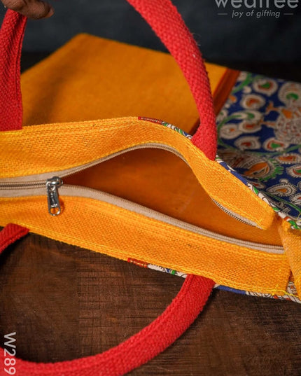 Jute Bag With Zari Lace & Kalamkari Fabric - W2897 Bags