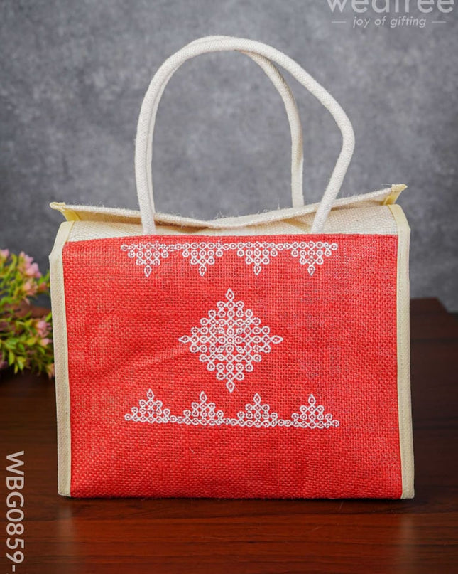 Jute Lunch Bag With Rangoli Print - Wbg0859-2 Bags