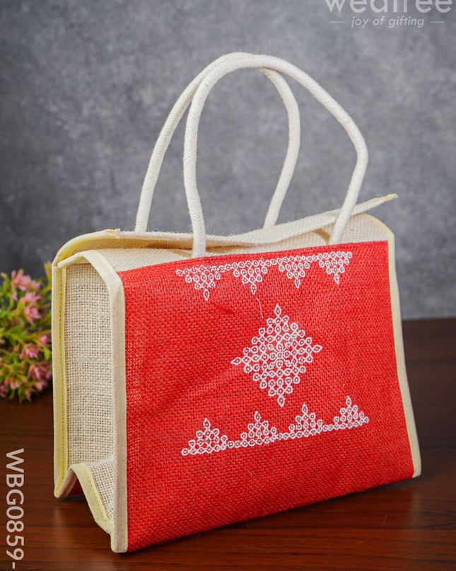 Jute Lunch Bag With Rangoli Print - Wbg0859-2 Bags