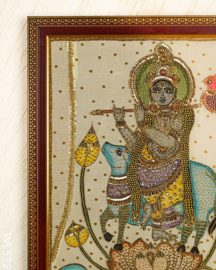 Kalamkari Semi Silk Artwork - Krishna with Cow - WL5726 - Frames