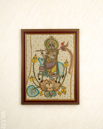 Kalamkari Semi Silk Artwork - Krishna with Cow - WL5726 - Frames