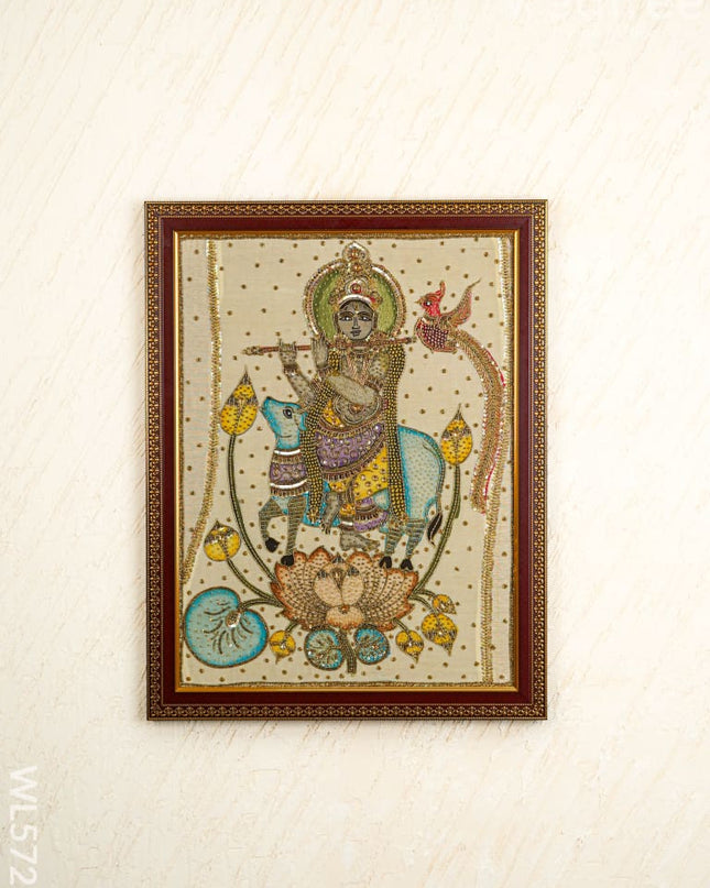 Kalamkari Semi Silk Artwork - Krishna with Cow - WL5726 - Frames