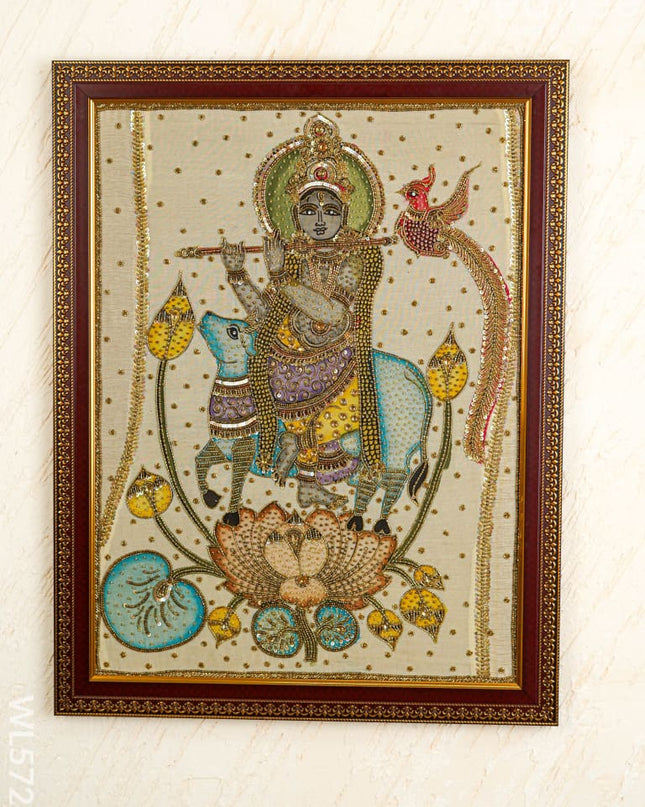 Kalamkari Semi Silk Artwork - Krishna with Cow - WL5726 - Frames