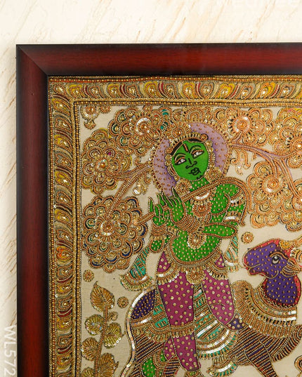 Kalamkari Semi Silk Artwork - Krishna with Cow - WL5728 - Frames